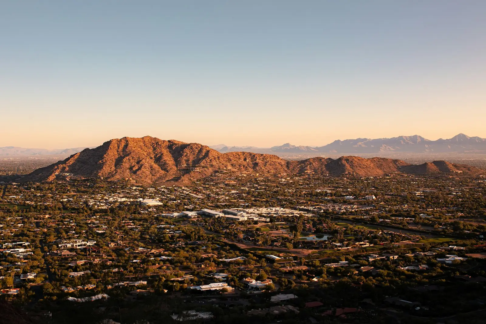 Phoenix valley at dusk with desert mountains