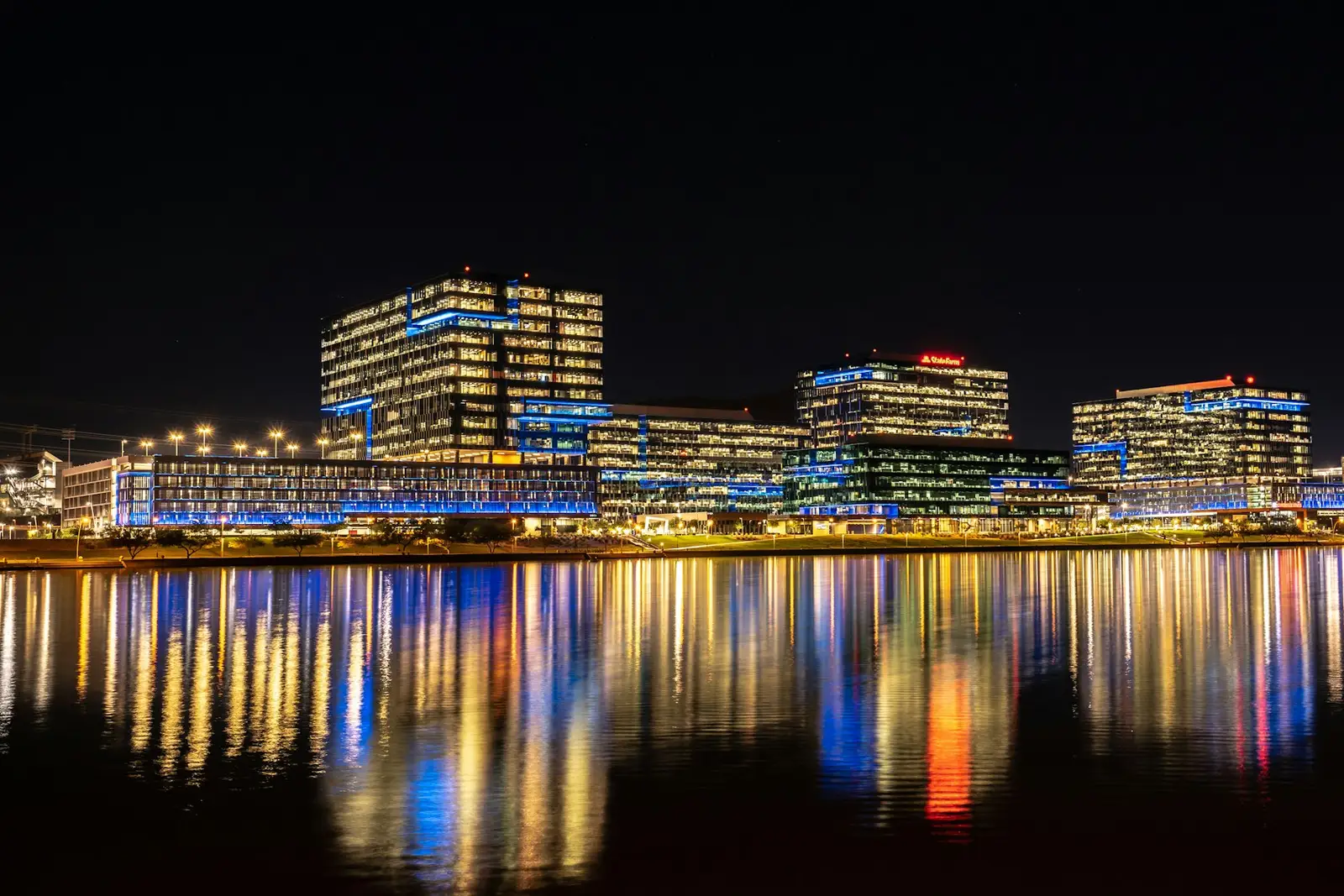 Tempe Town Lake reflecting lit offices at night