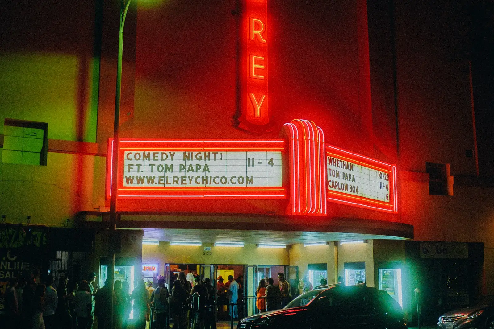 The neon marquee of the El Rey Theatre in downtown Chico, California