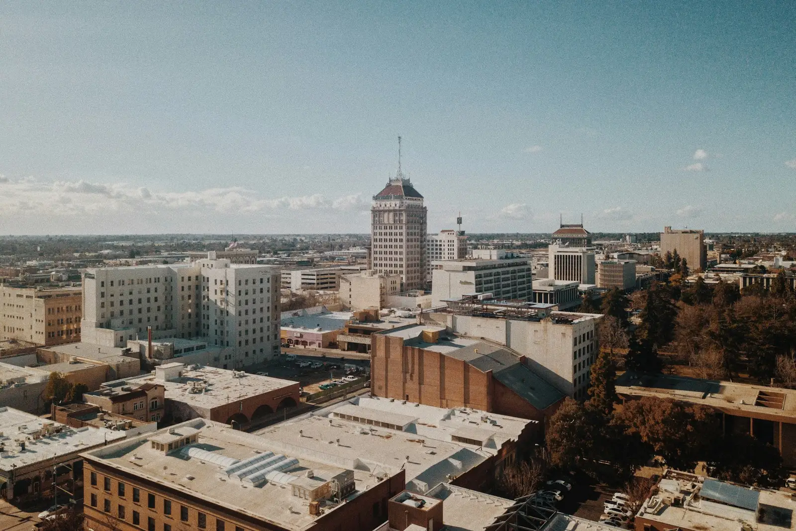 Downtown Fresno rooftops at dusk
