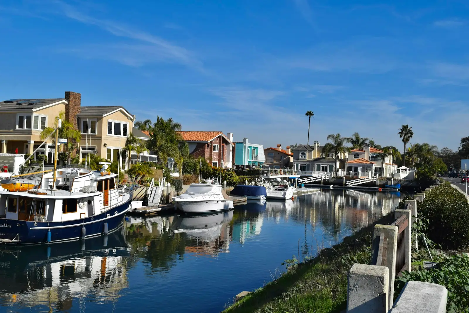 Homes and boats along a Channel Islands Harbor canal in Oxnard