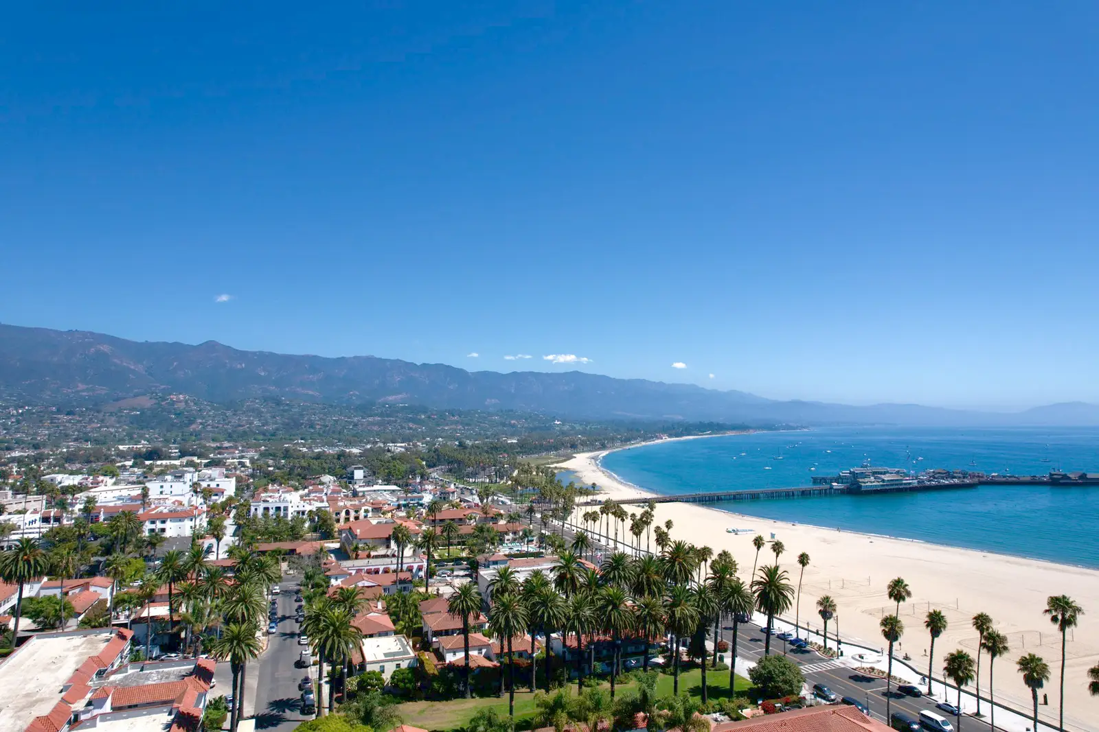 Aerial view of Santa Barbara, Stearns Wharf and the Santa Ynez Mountains