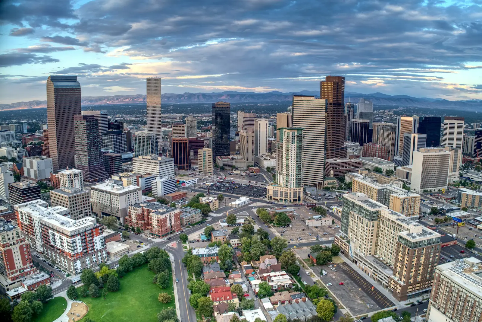 Aerial view of Denver neighborhoods and downtown