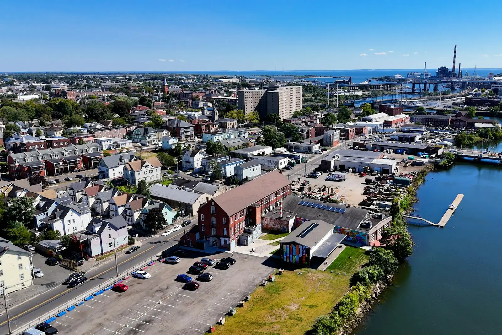 Bridgeport harbor and city from above