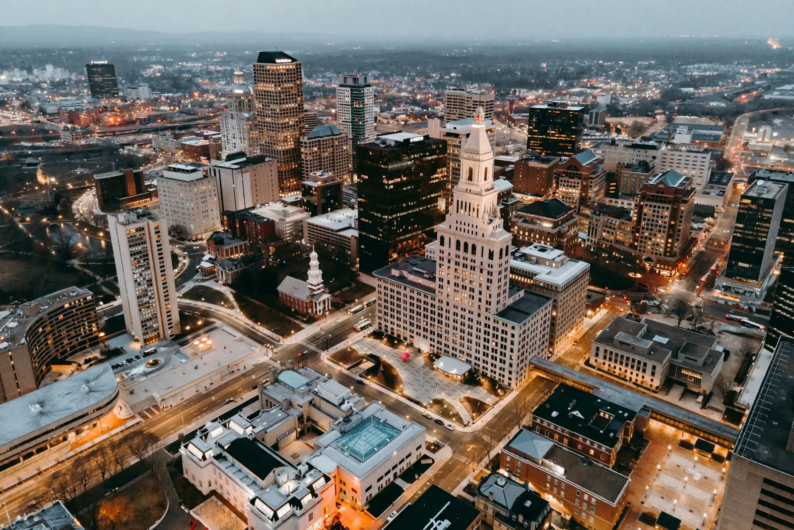 Downtown Hartford and the Travelers Tower from above