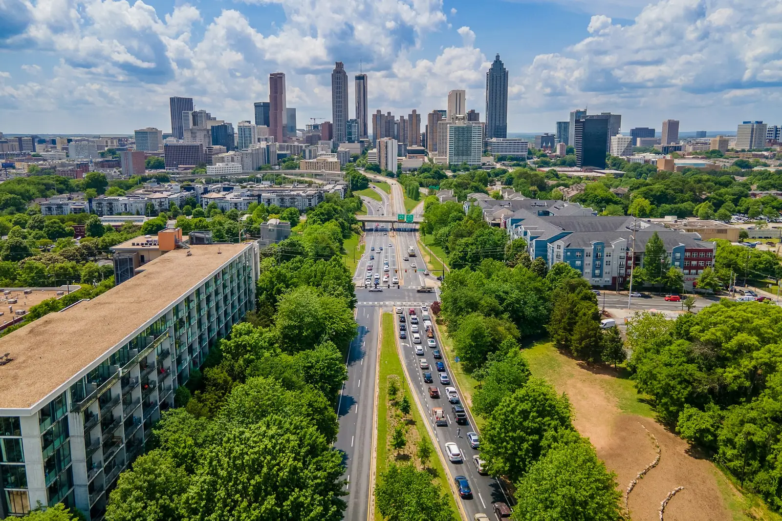 Atlanta skyline above tree-lined intown streets
