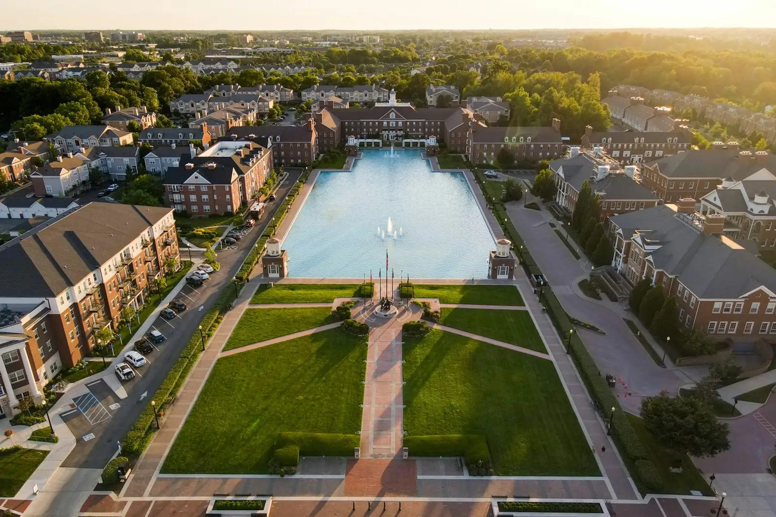 Aerial view of the reflecting pool and civic square in Carmel, Indiana