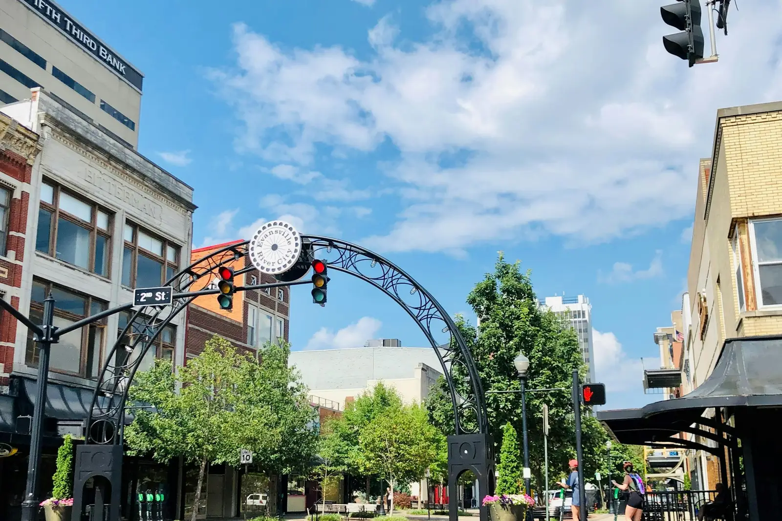 Downtown Evansville street with its clock arch