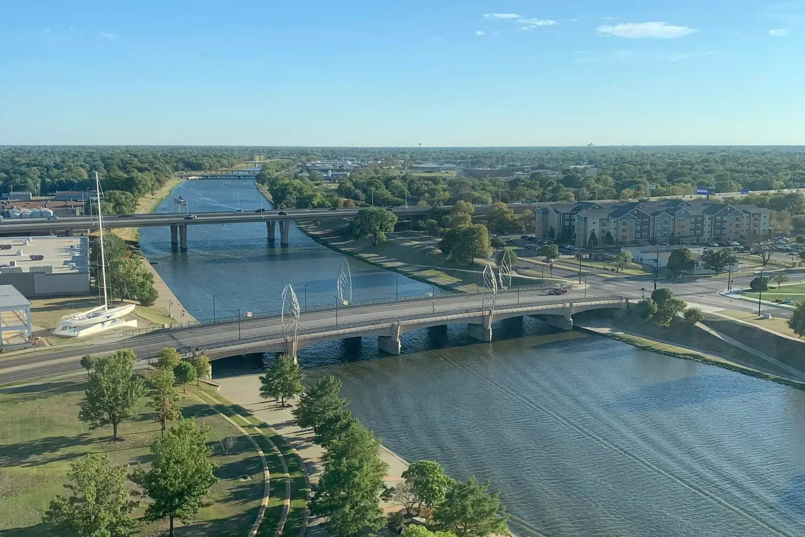 Arkansas River bridges in Wichita from above