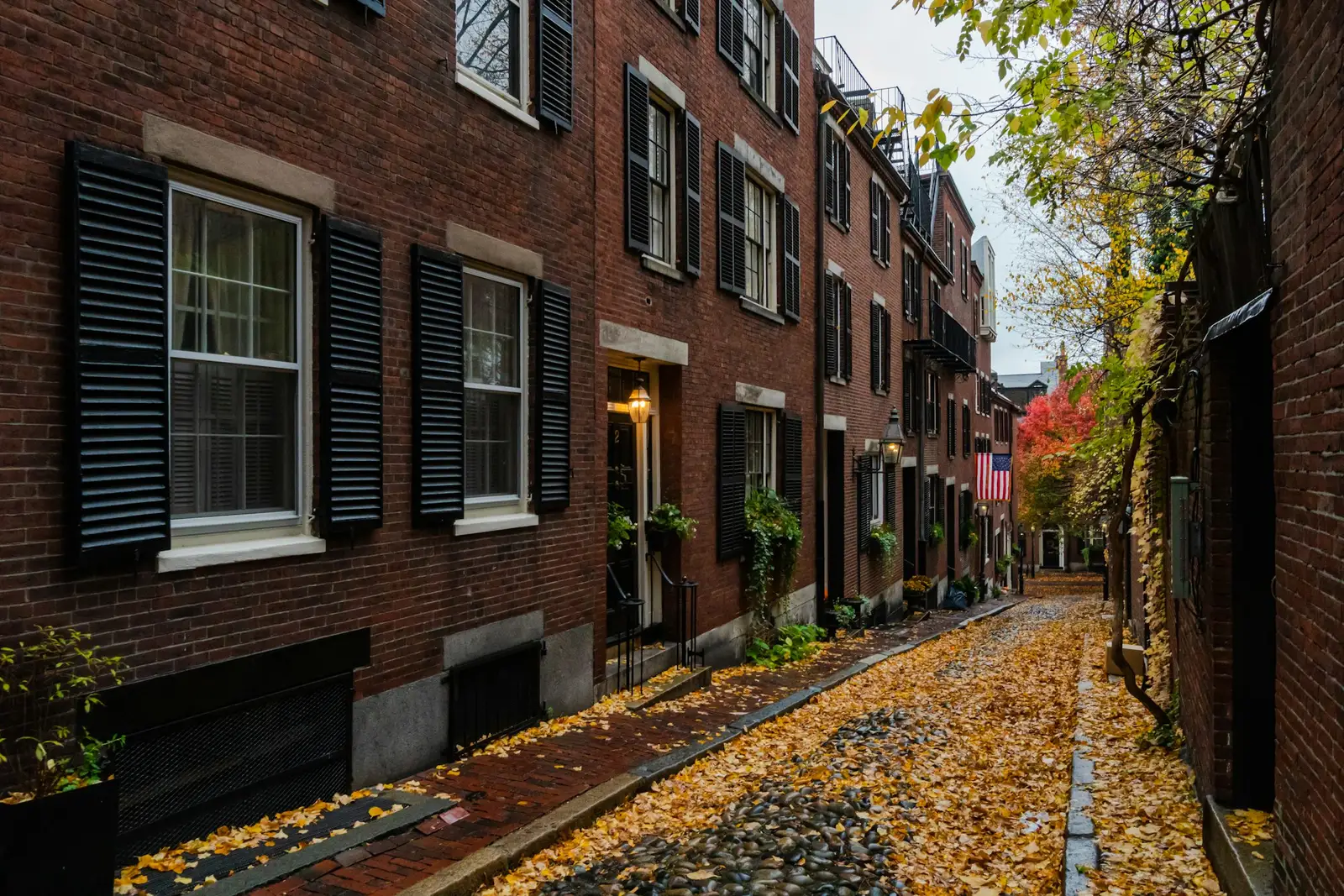 Brick row houses on a Beacon Hill street in Boston