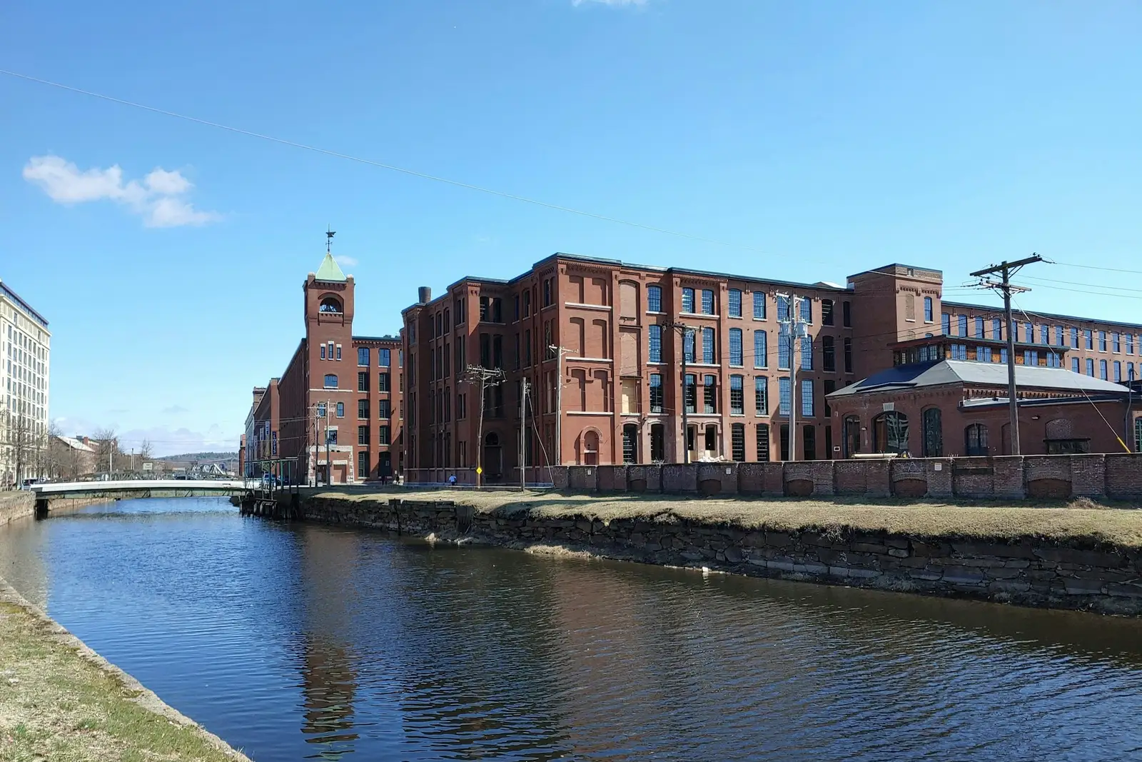 Brick mill buildings along the Merrimack River in Lawrence, Massachusetts