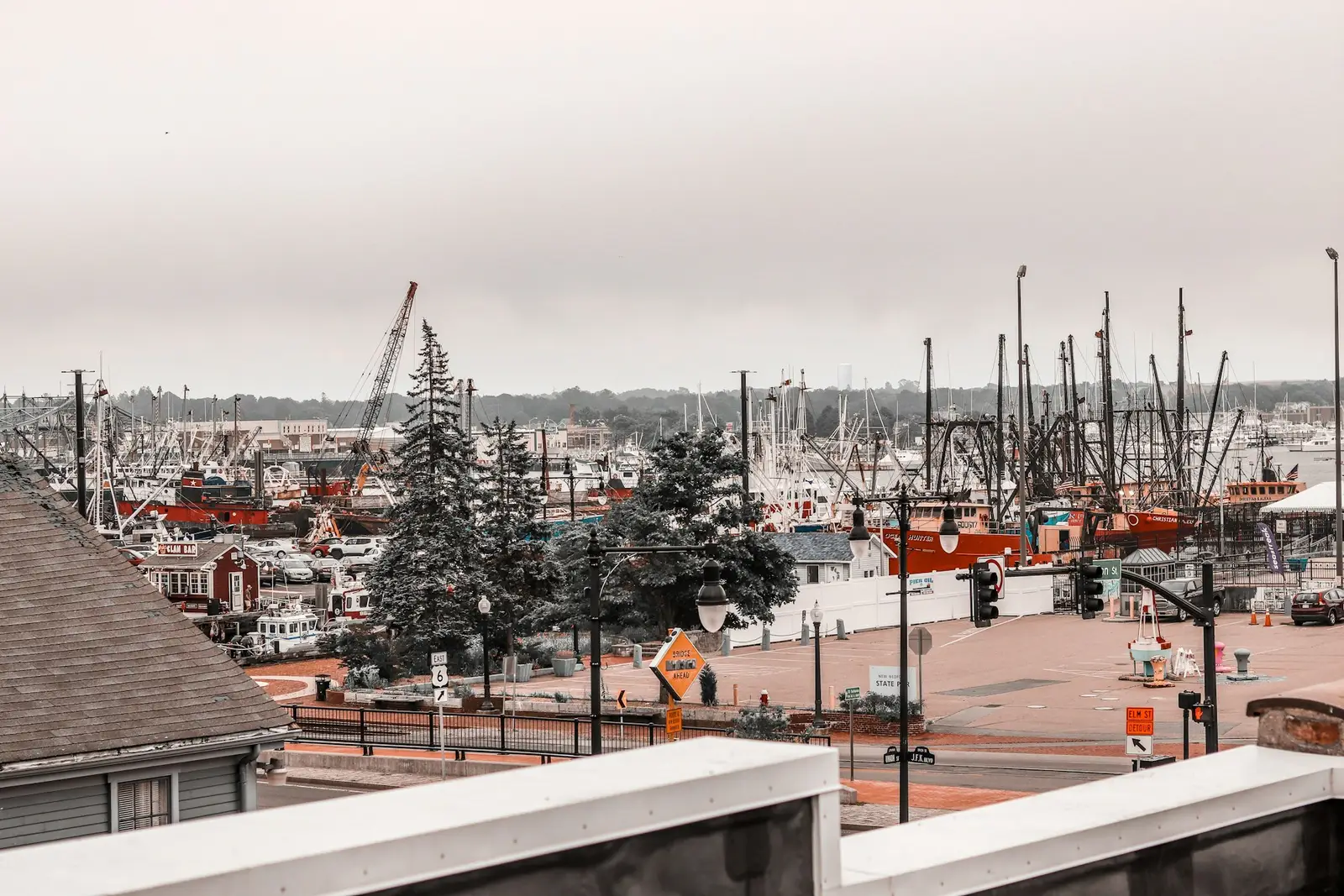 Fishing boats crowding the harbor in New Bedford, Massachusetts