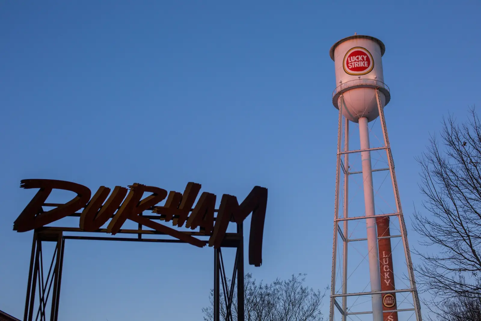 Durham sign and the Lucky Strike water tower