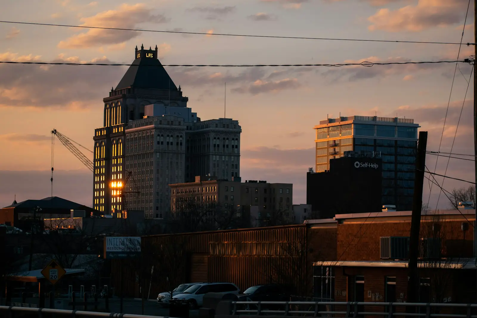Downtown Greensboro buildings at dusk