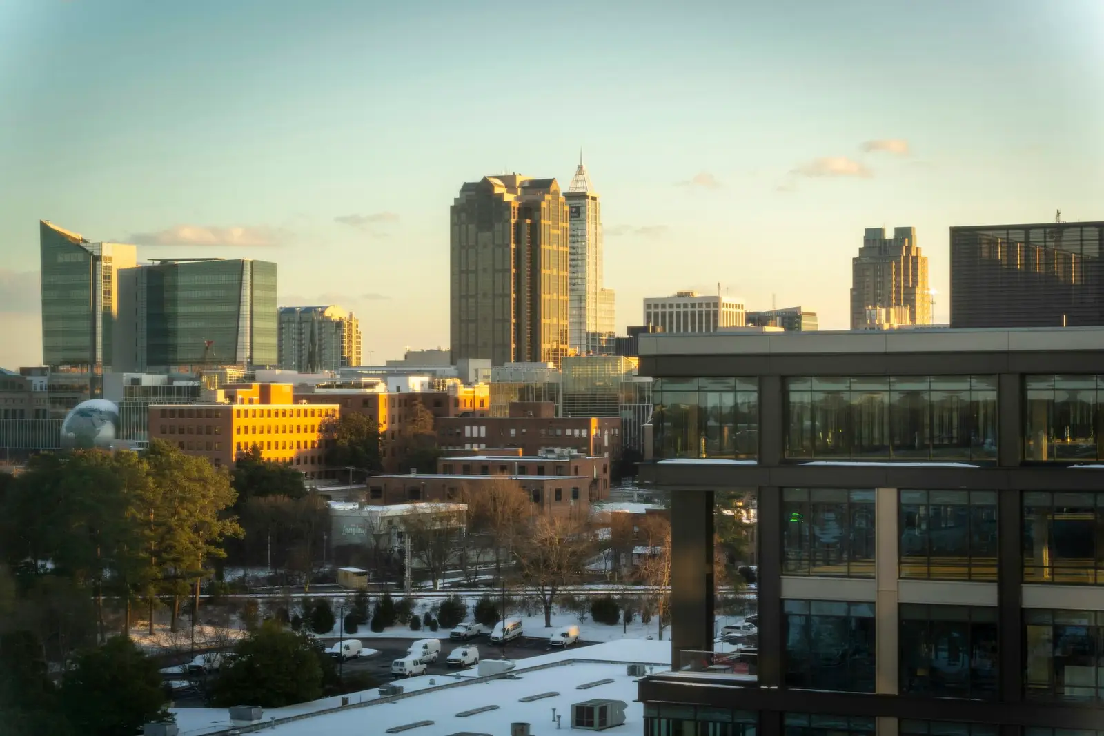 Downtown Raleigh buildings at sunset