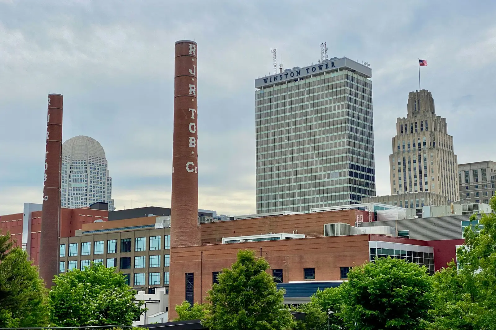 Winston-Salem smokestacks and downtown towers