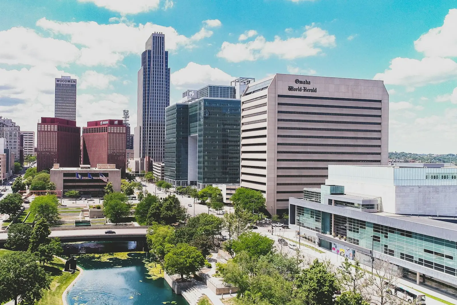 Downtown Omaha towers above the riverfront park