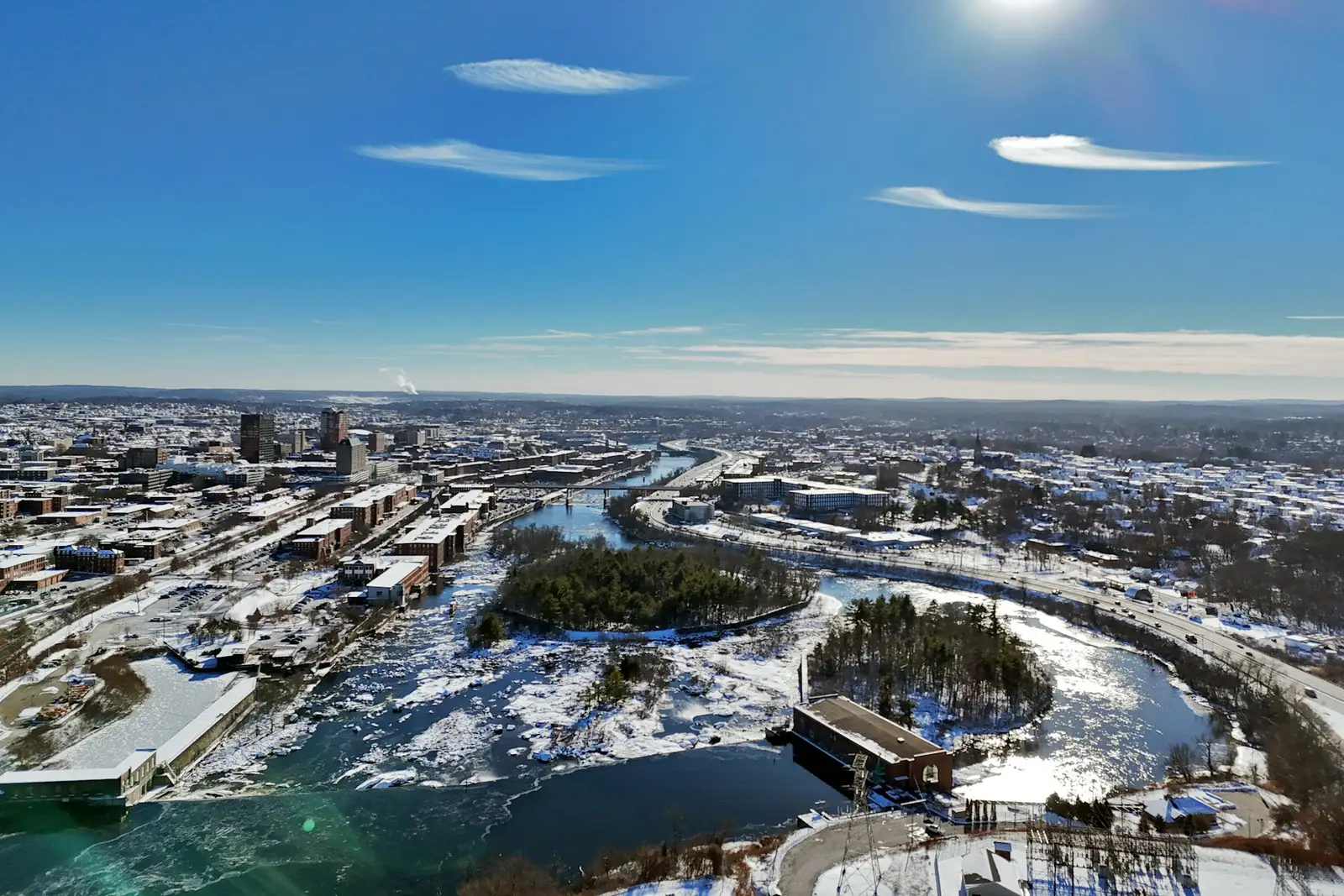 Manchester and the Merrimack River in winter from above