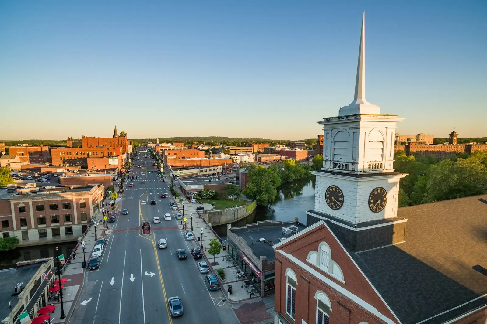Main Street and a white church steeple in downtown Nashua, New Hampshire