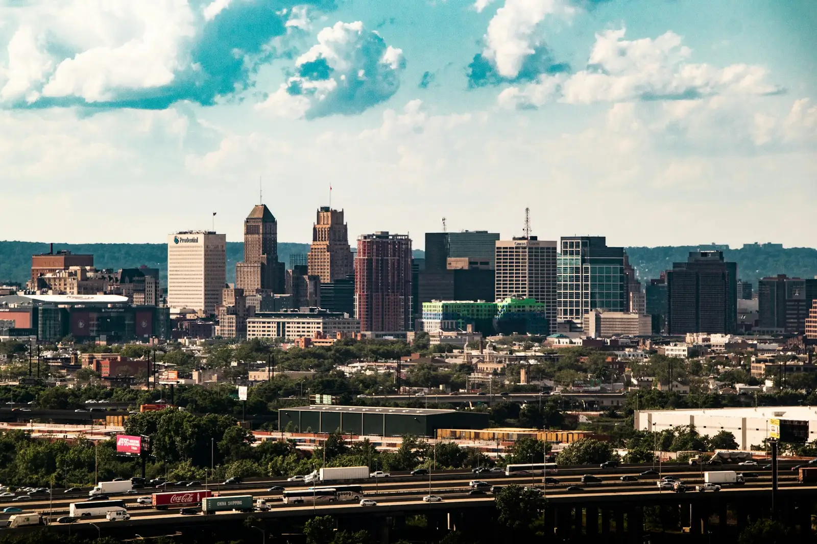 Newark skyline over rooftops