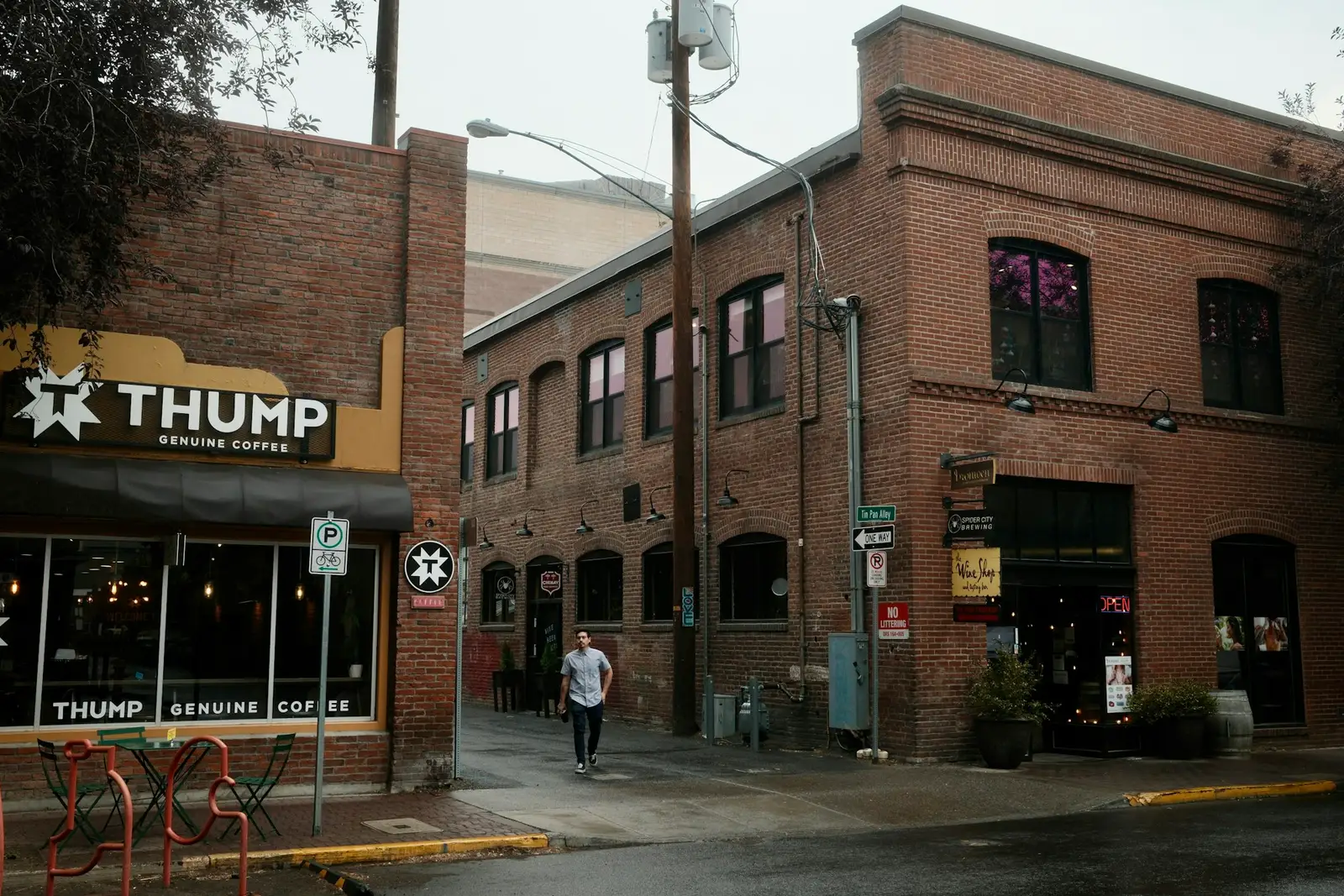 Brick storefronts on a downtown street in Bend, Oregon