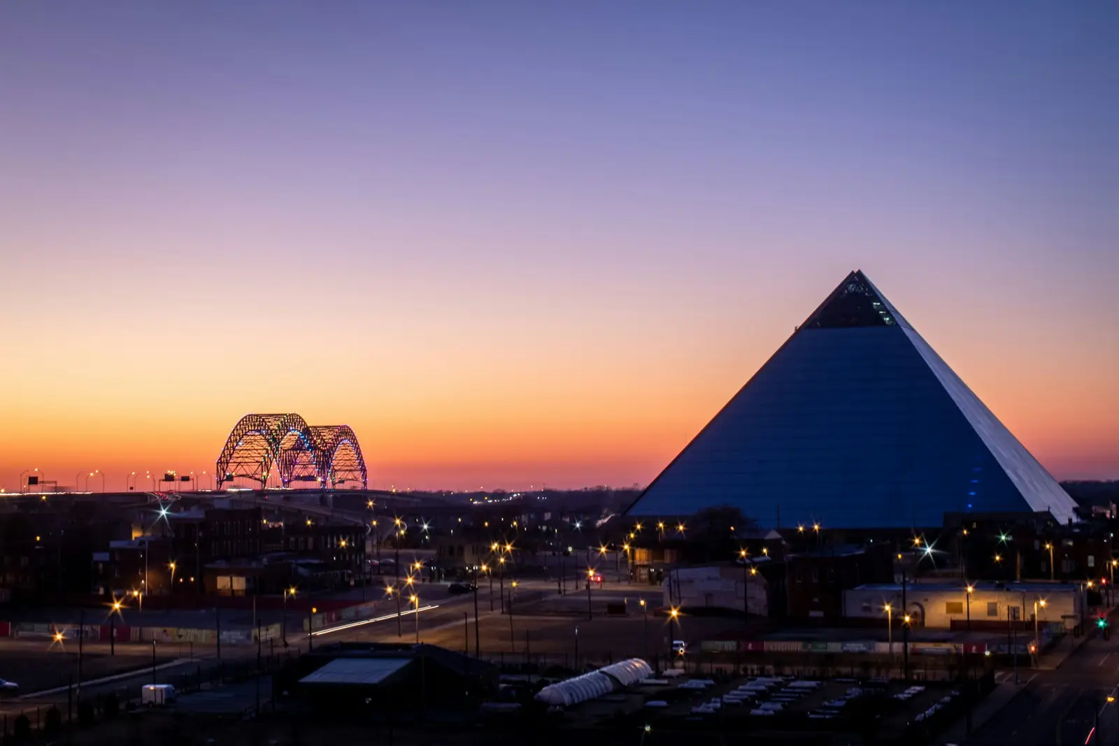 Memphis Pyramid and bridge at dusk