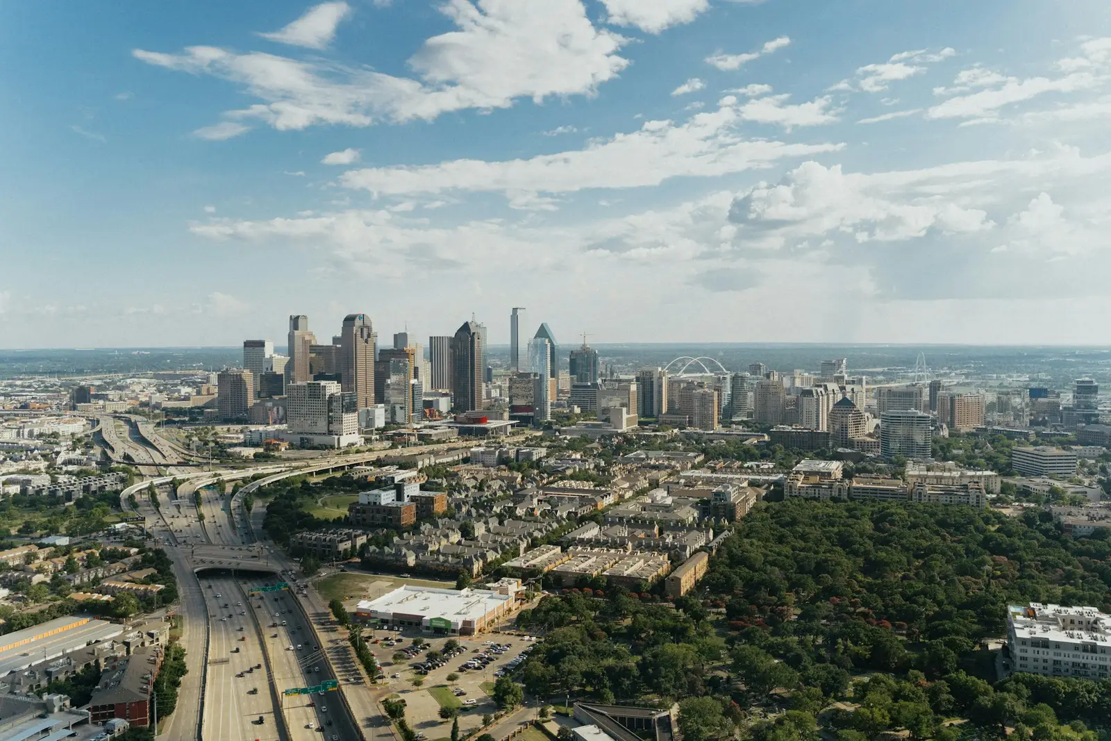 Aerial view of Dallas with neighborhoods and downtown