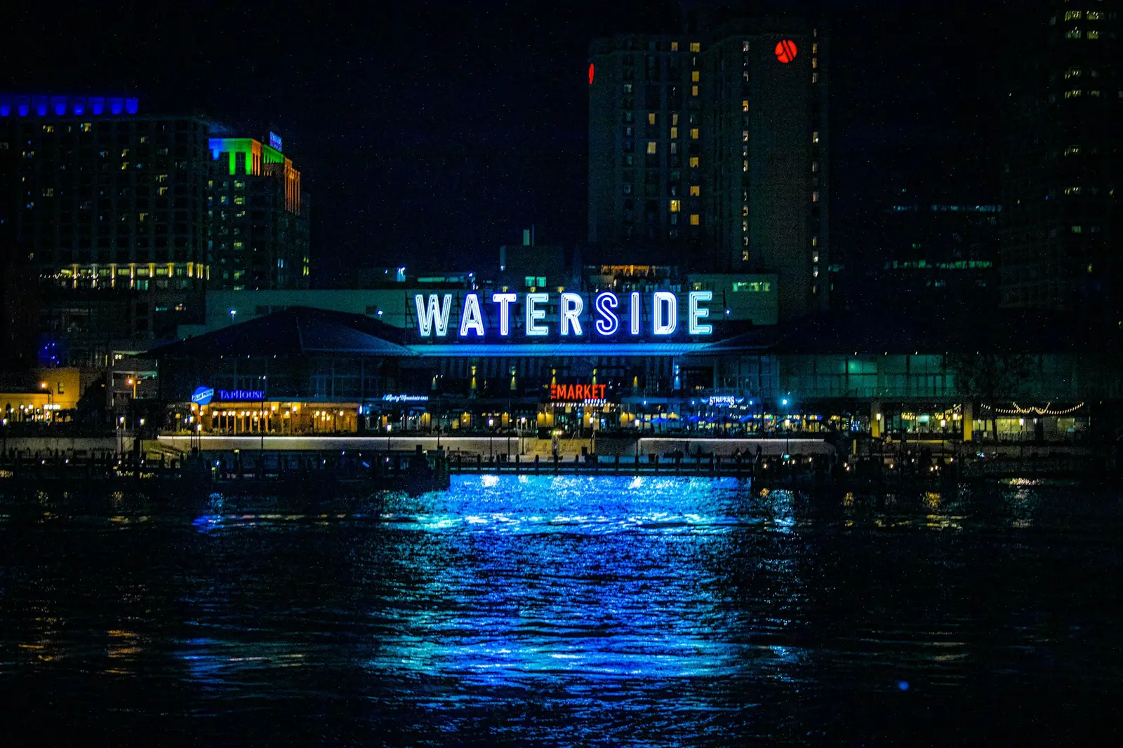 Norfolk Waterside lit up at night