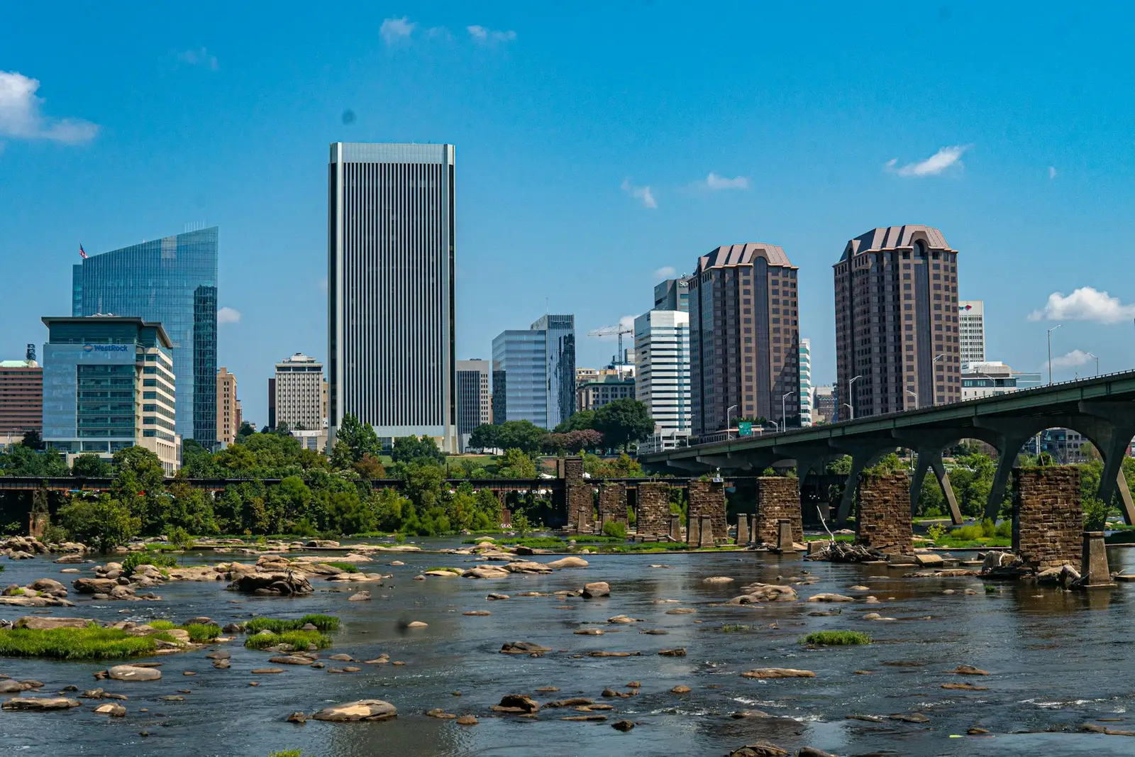 Richmond skyline above the James River rapids