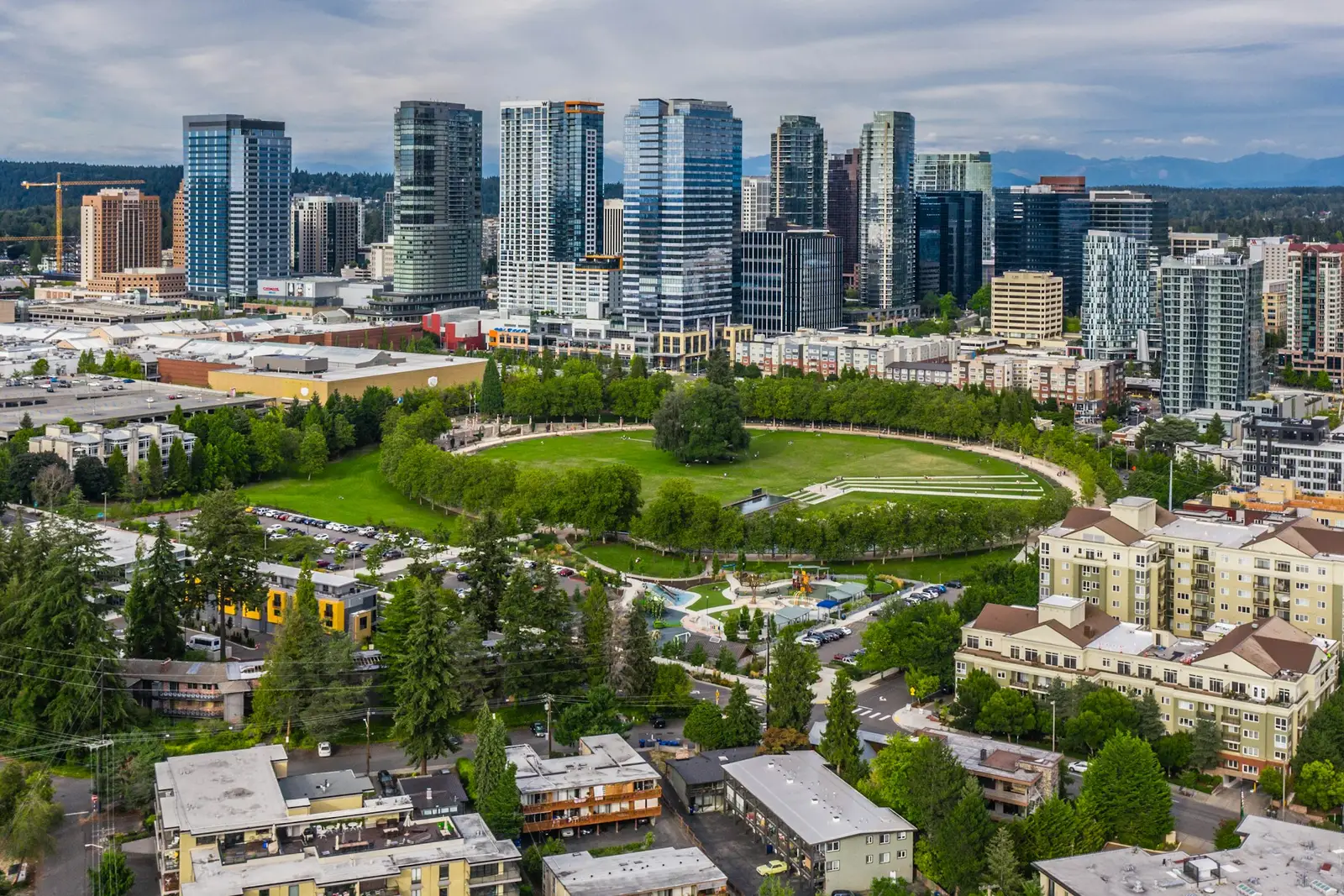 Downtown Bellevue towers above a park