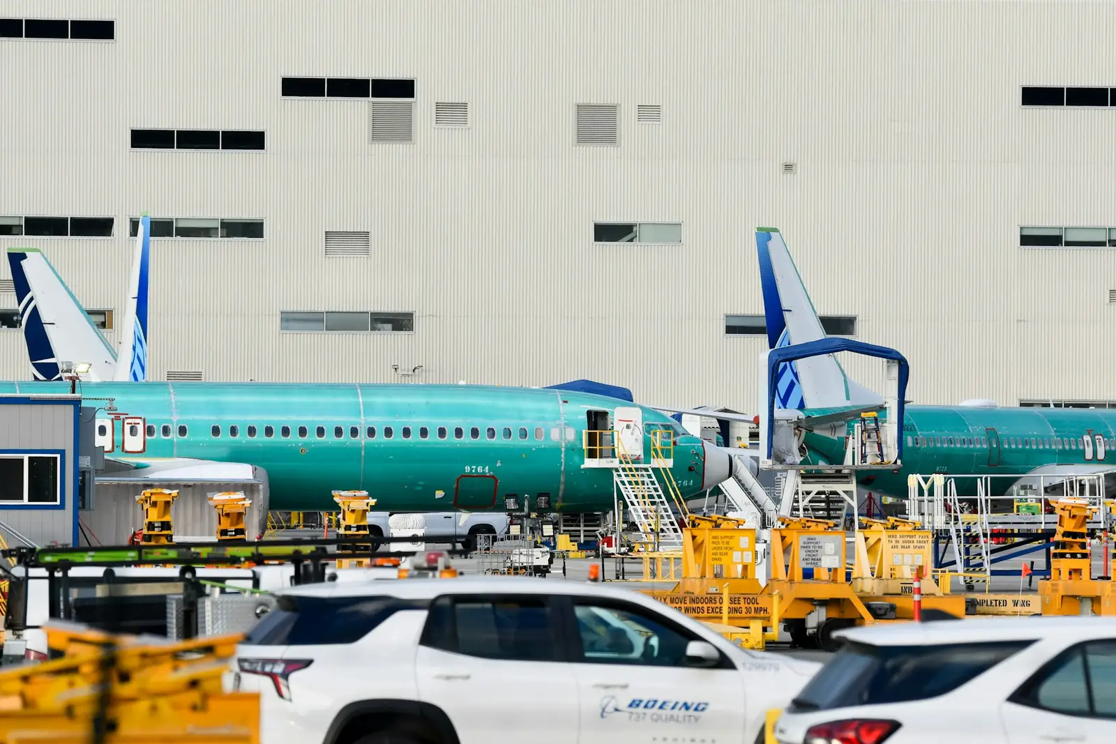 Boeing 737 jets parked outside the factory in Renton, Washington