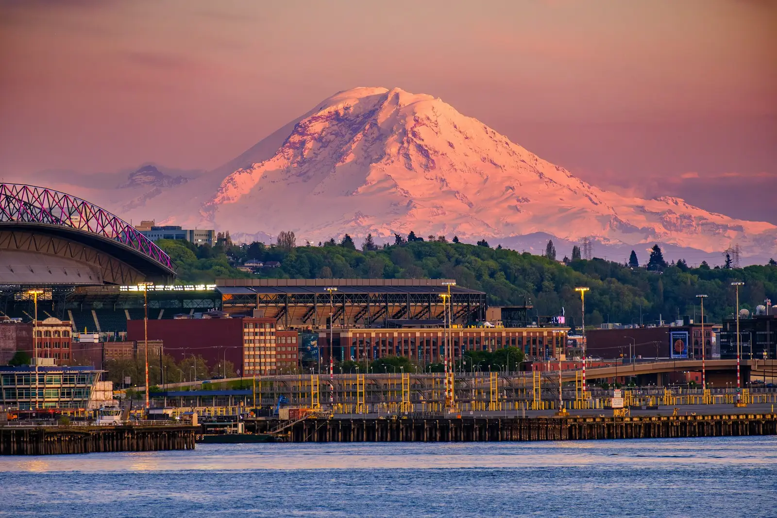 Mount Rainier at sunset above Tacoma